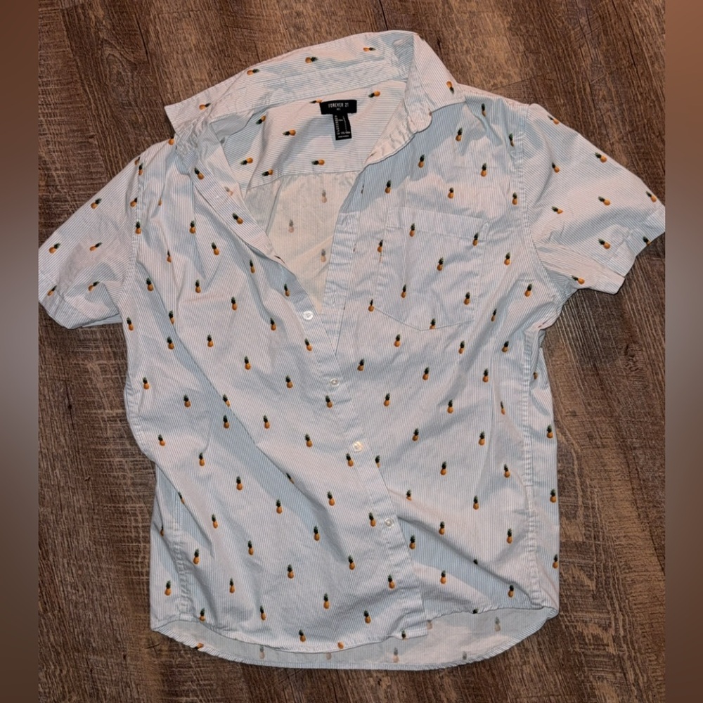 Forever 21 button-up Shirt with Pineapple Print & blue pinstripes